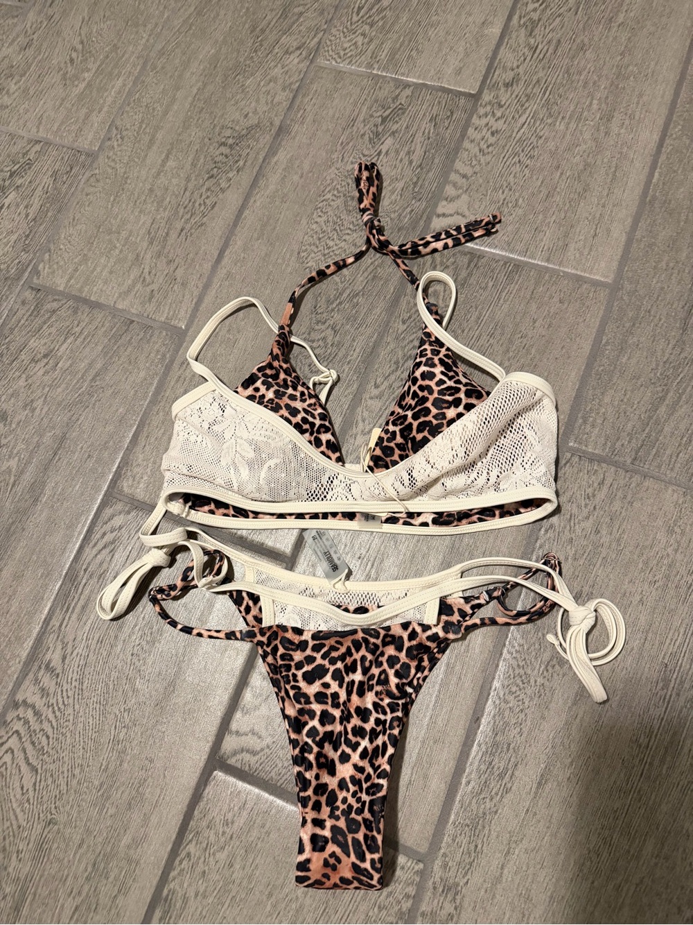 SeaMolly Leopard Print Triangle Bikini with Cream Lace Accent
